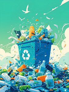 废品处理废物回收垃圾桶插画