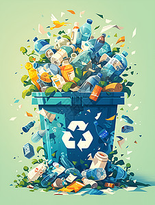 回收废品垃圾桶里装满了不同种类的垃圾插画
