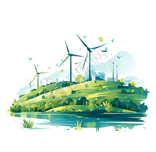 风车与花绿色能源风车与鸟插画