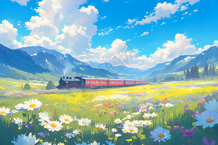 盛开的春日之花春日花海中列车穿梭插画