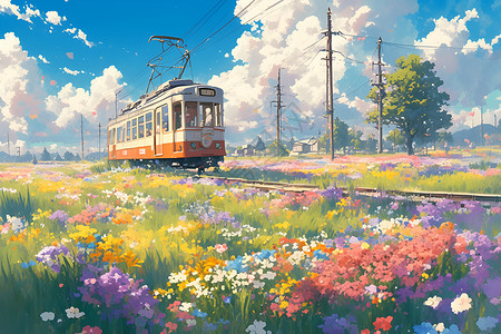春日绽放火车穿梭花海背景图片
