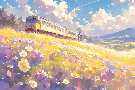 白色紫薇花海春日盛开白色列车穿行花海插画