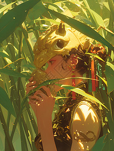 美丽的面具美女竹叶中的女孩插画