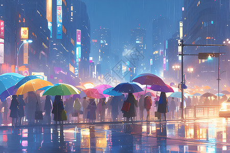 雨夜城市夜晚城市街头插画