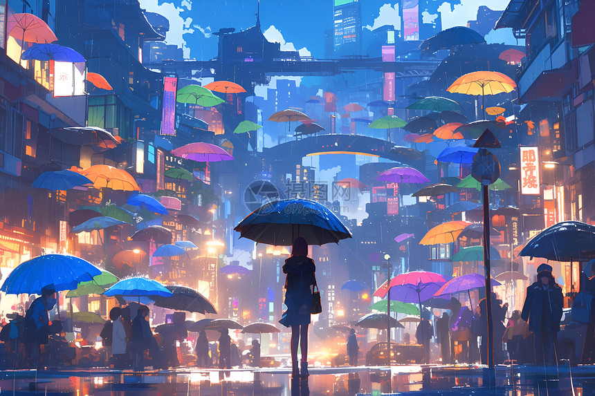 城市雨夜撑伞的人群图片