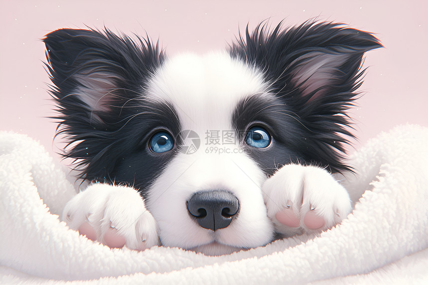 小狗趴在毯子中图片