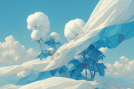 羽丝棉蓝天白云下的丝棉之美插画
