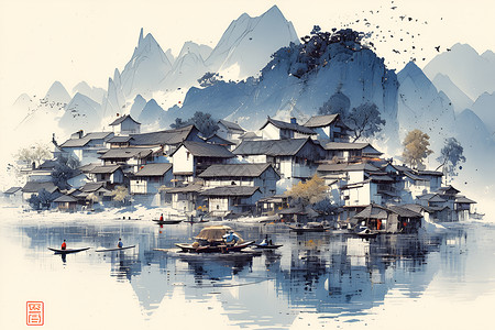 湖畔小村山水画中背景图片