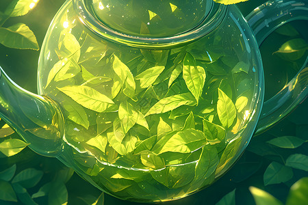 茶叶叶底阳光穿过绿茶叶插画
