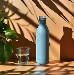 水瓶水杯清新蓝瓶与阳光背景