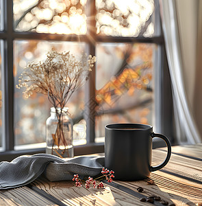 咖啡木桌温暖晨光中的一杯咖啡背景