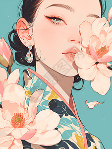 美丽女士花海中的优雅女士插画