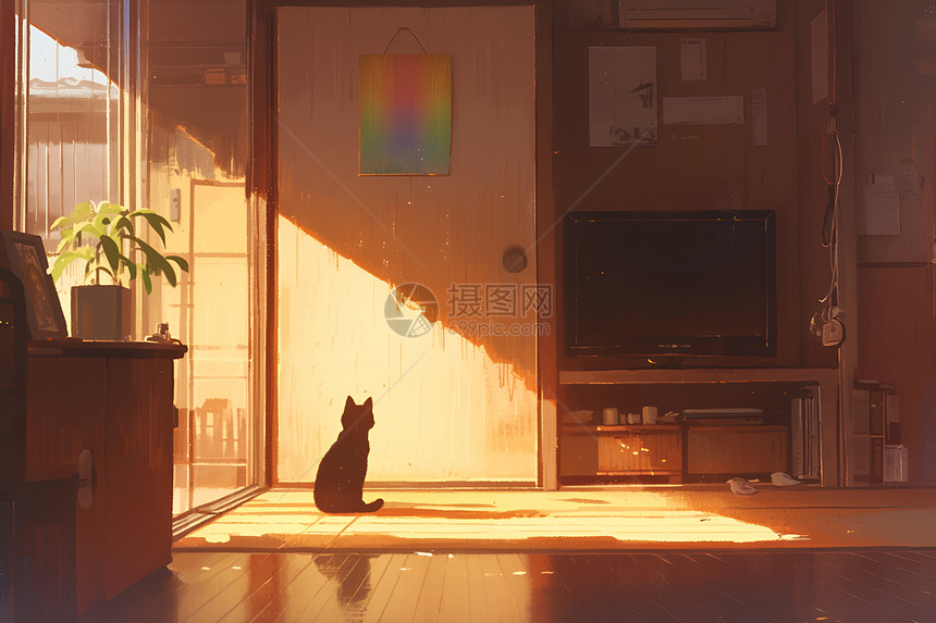 阳光照耀下一只猫图片