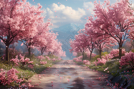 盛开樱花的乡间小路背景图片