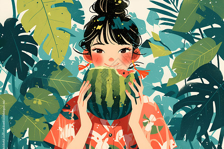 吃西瓜的女孩背景图片