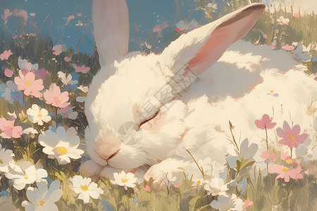 花丛中沉睡的白兔背景图片
