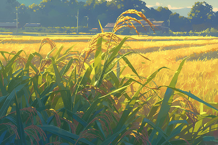 水稻种植清晨的稻田插画