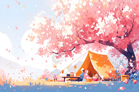 樱花树下的野餐背景图片