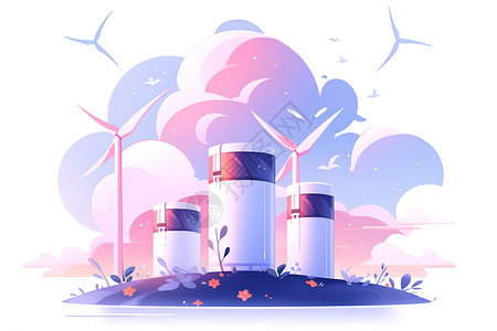 水利发电站风力发电系统插画