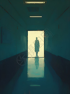 孤独男人空荡的走廊上的人影插画