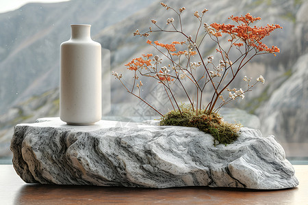 陶瓷瓶干花放在一块坚实岩石上背景
