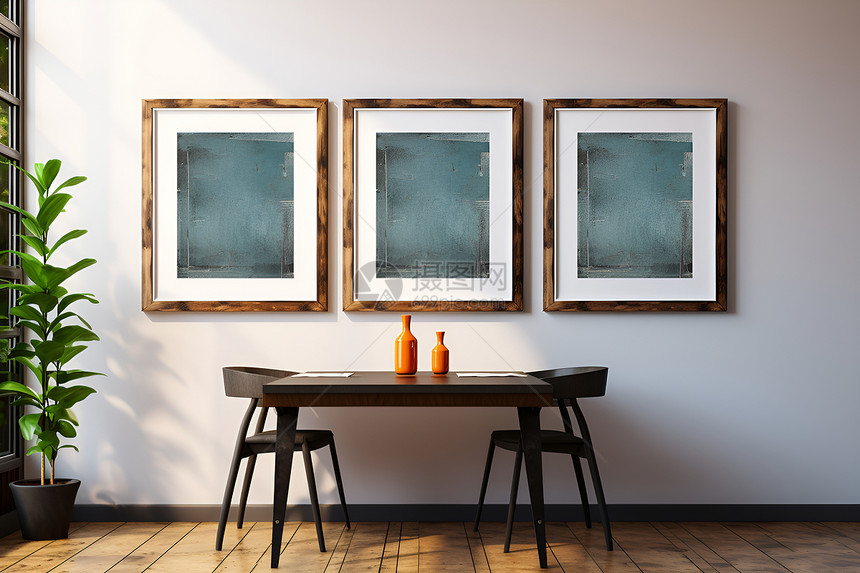 一杯咖啡和一张空白海报的咖啡馆里墙上挂着一副现代欧洲水墨画画面中的抽象刷痕细节极为精细图片