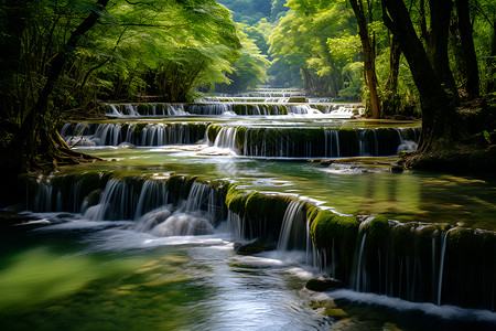 山林溪水瀑布公园高清图片