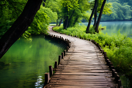 森林木板湖泊上的木板路背景