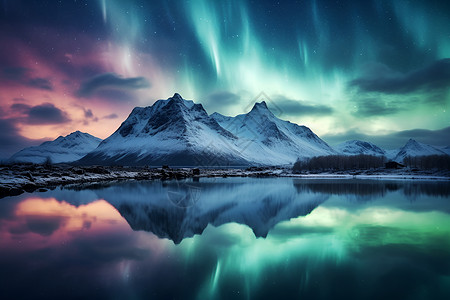 冰岛晶石极光映照下的山脉与湖泊背景