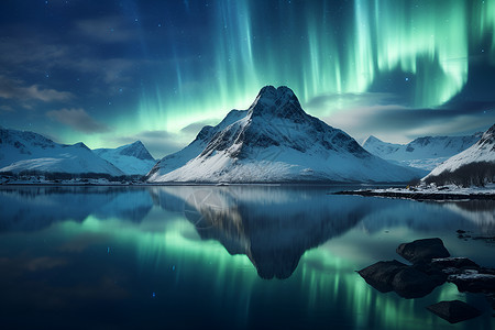 夜晚的雪山美丽的北极光背景