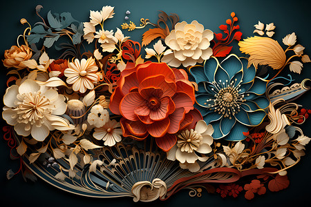 浮雕扇面上的花朵插画
