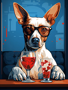 小狗饮料杯子享用饮品的狗狗插画