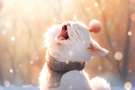 白色围巾白色猫咪插画