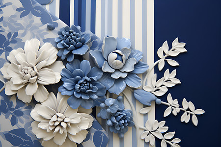白砖墙纸蓝白纹理花卉插画
