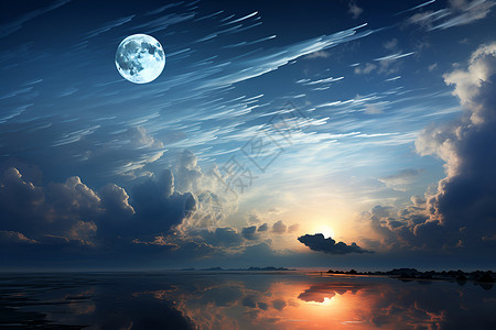 宁静海洋月光倾泻在湖水上背景