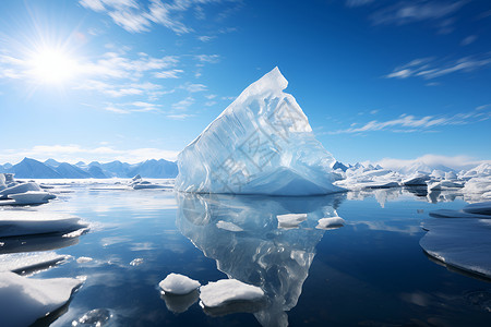 跪在冰块上冰山漂浮在湖面背景