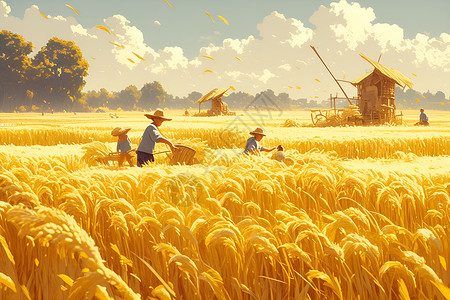 稻谷小麦与黄牛农民丰收小麦插画