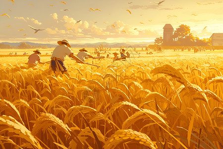 农民收稻谷黄昏下的金色稻田插画