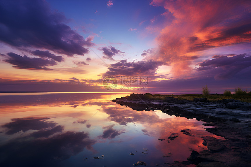 夕阳下的海岸风景图片