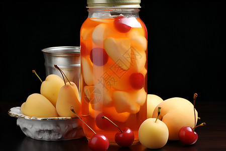 罐子中的樱桃和杏子背景图片