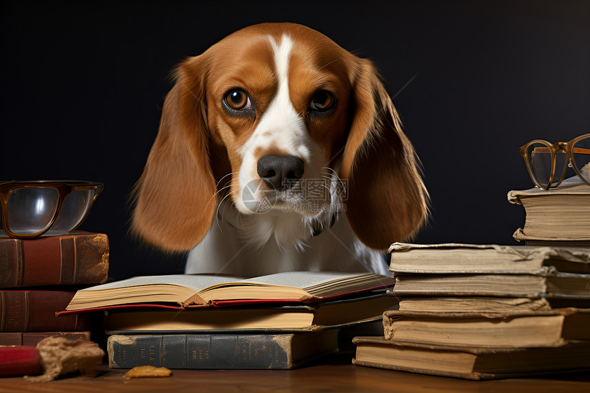 房间内的小狗和书籍图片
