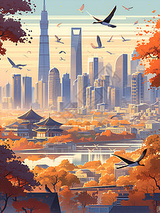 秋日的现代都市背景图片