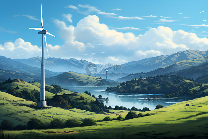 风力发电机在山谷里图片