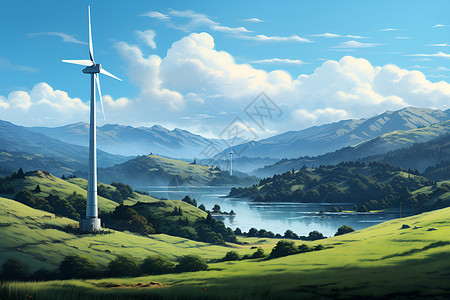 杯子里的风车风力发电机在山谷里插画