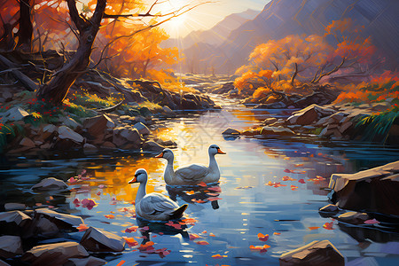 秋日林间的鸭子背景图片