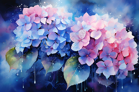 粉色水滴蓝粉色的绣球花插画