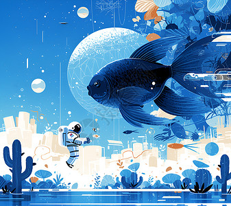 太空漂浮宇航员和鱼儿漂浮在水插画