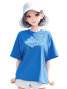 棒球帽女孩插画穿着蓝色T恤的女孩插画