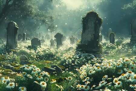 古墓园中野花绽放背景