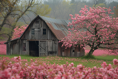 粉色花海中的村舍高清图片